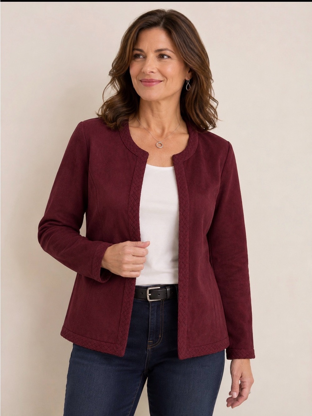Christopher & Banks  Wine Braided-Trim Open Front Jacket Size Large